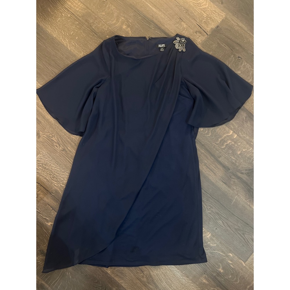SLNY Navy Blue Jewel Embellished‎ Flutter Sleeve Sheath Dress Size 10